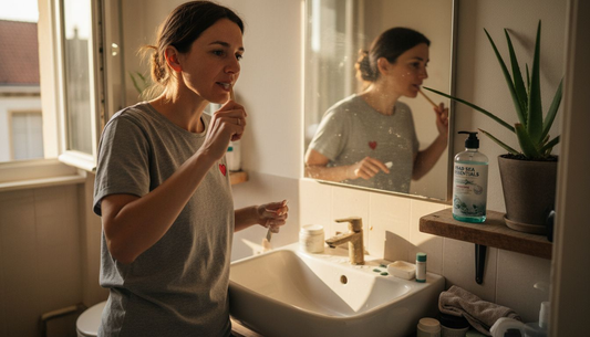Woman brushing teeth with natural products in Belgian bathroom