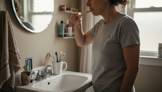 Woman brushing teeth with non-abrasive toothpaste