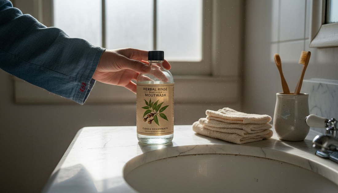 Hand reaching for herbal mouthwash bottle