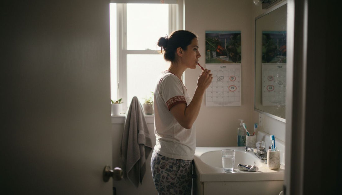 Woman brushes teeth in apartment bathroom