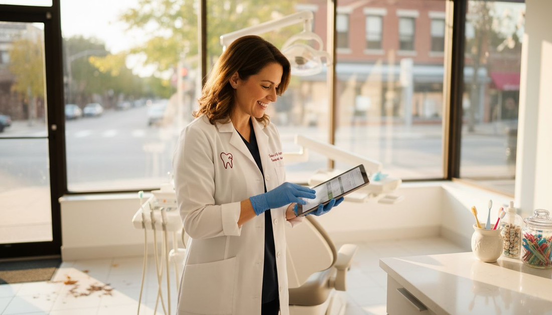 Dentist in non-toxic dental clinic reviewing chart