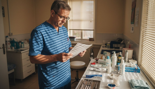 Dentist reading dental product safety sheet