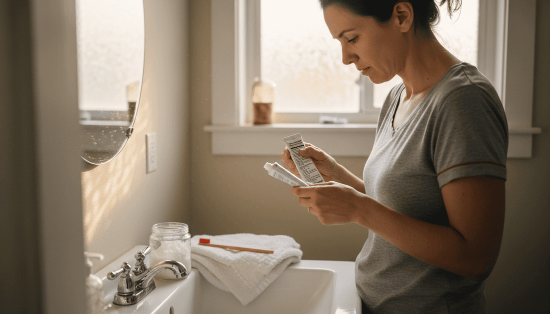 Woman reads toothpaste label in sunlit bathroom