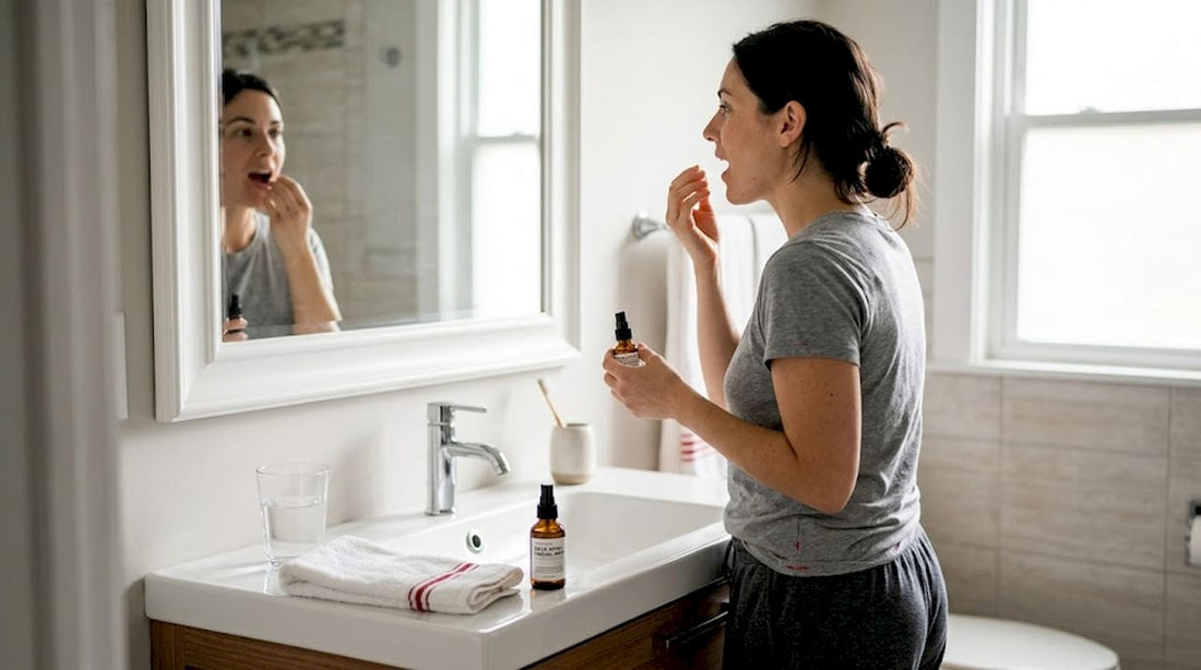 Woman using therapeutic oral spray in bathroom