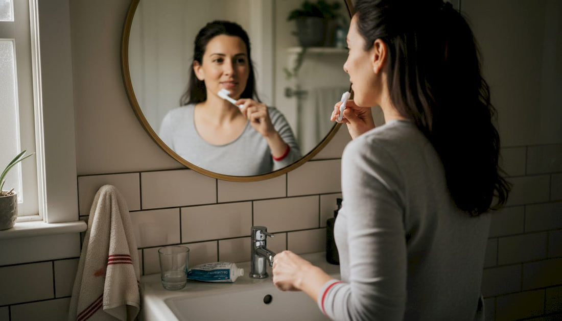 Woman brushing teeth in bathroom natural light