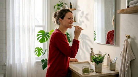 Woman using botanical toothpaste at home sink