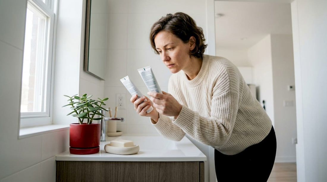 Woman reading toothpaste tubes at bathroom sink