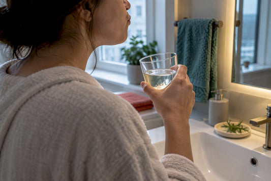 Adult using an anonymous tea tree oral rinse