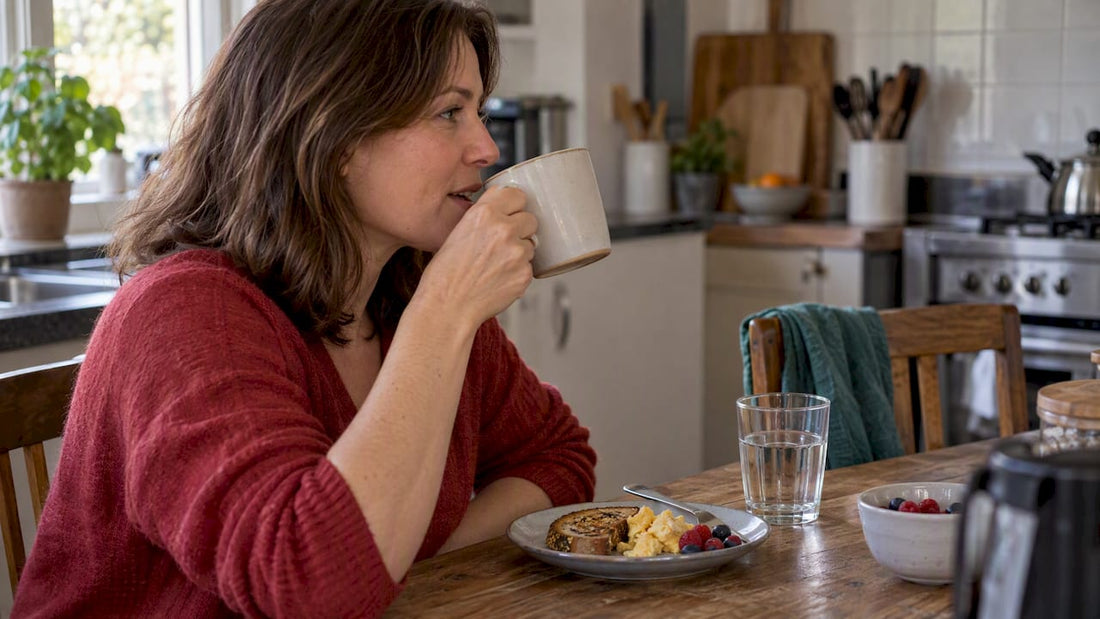 Adult drinking coffee at kitchen table