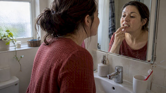 Woman examining chlorhexidine tooth stains at home