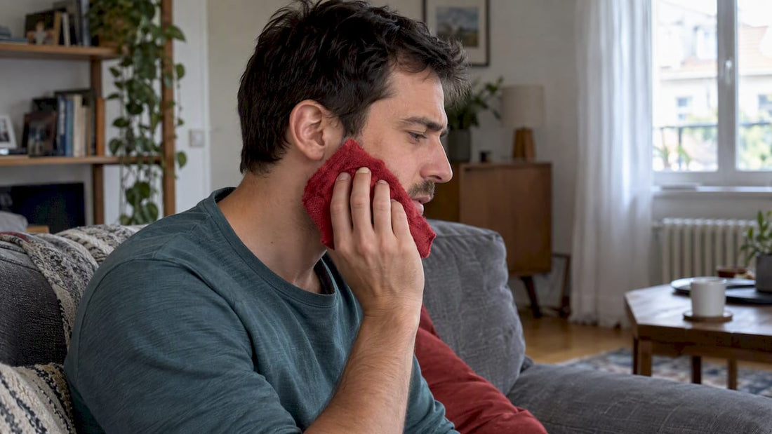Adult applying a cool cloth to cheek