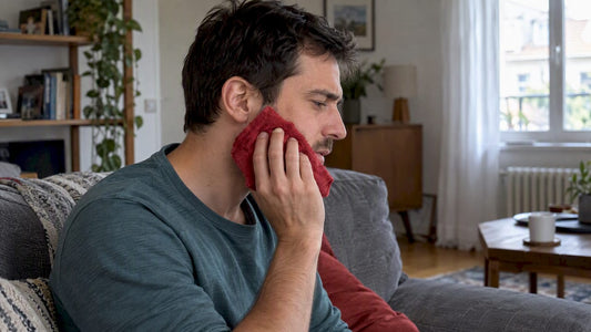 Adult applying a cool cloth to cheek