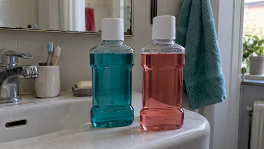 Two mouthwash bottles beside a bathroom sink