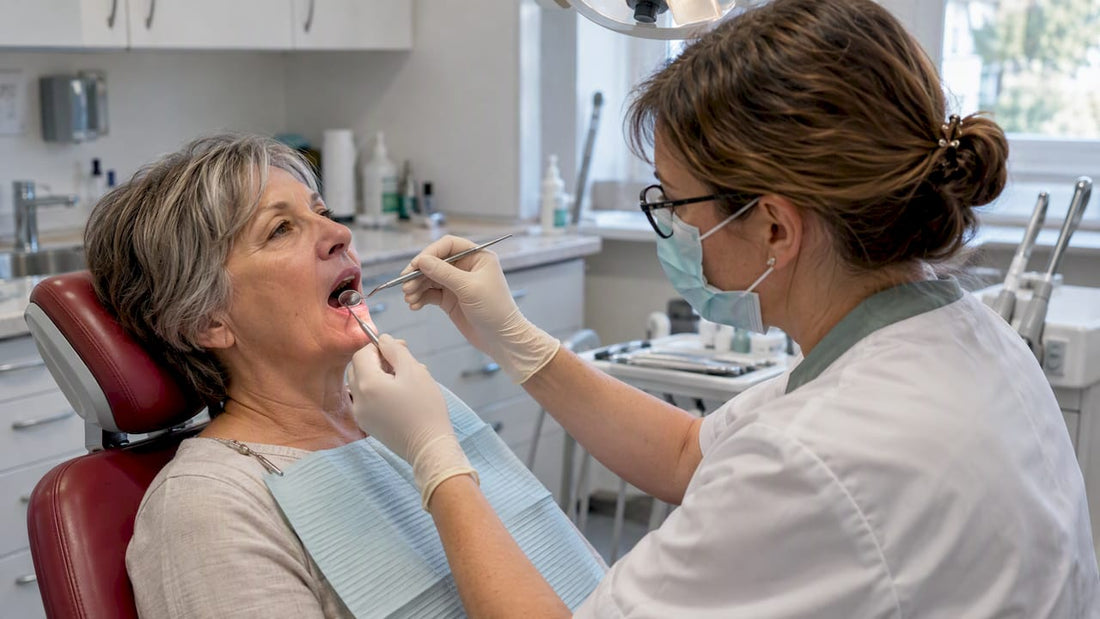 Dentist examining a woman's gums during menopause