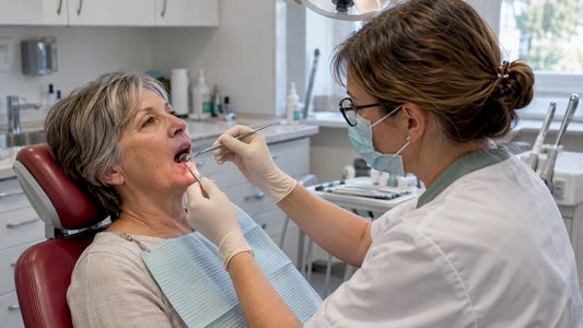 Dentist examining a woman's gums during menopause