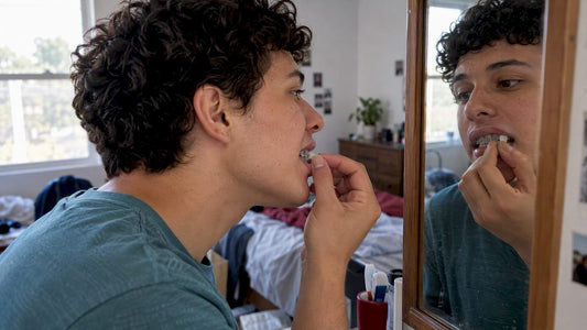 Young adult applying wax to braces bracket