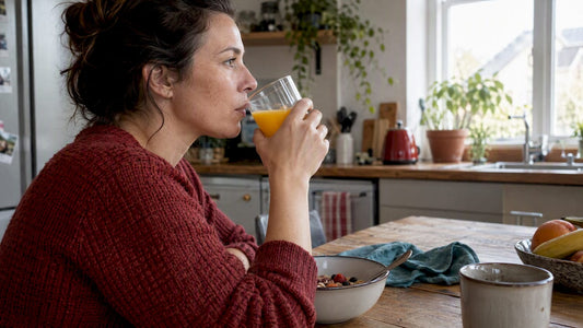 Adult drinking citrus juice at breakfast