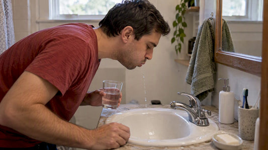 Adult gently rinsing mouth at bathroom sink