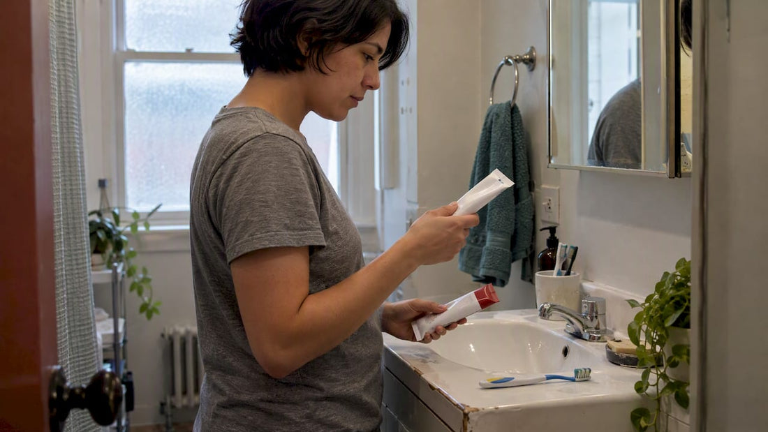 Person comparing toothpaste options at bathroom sink