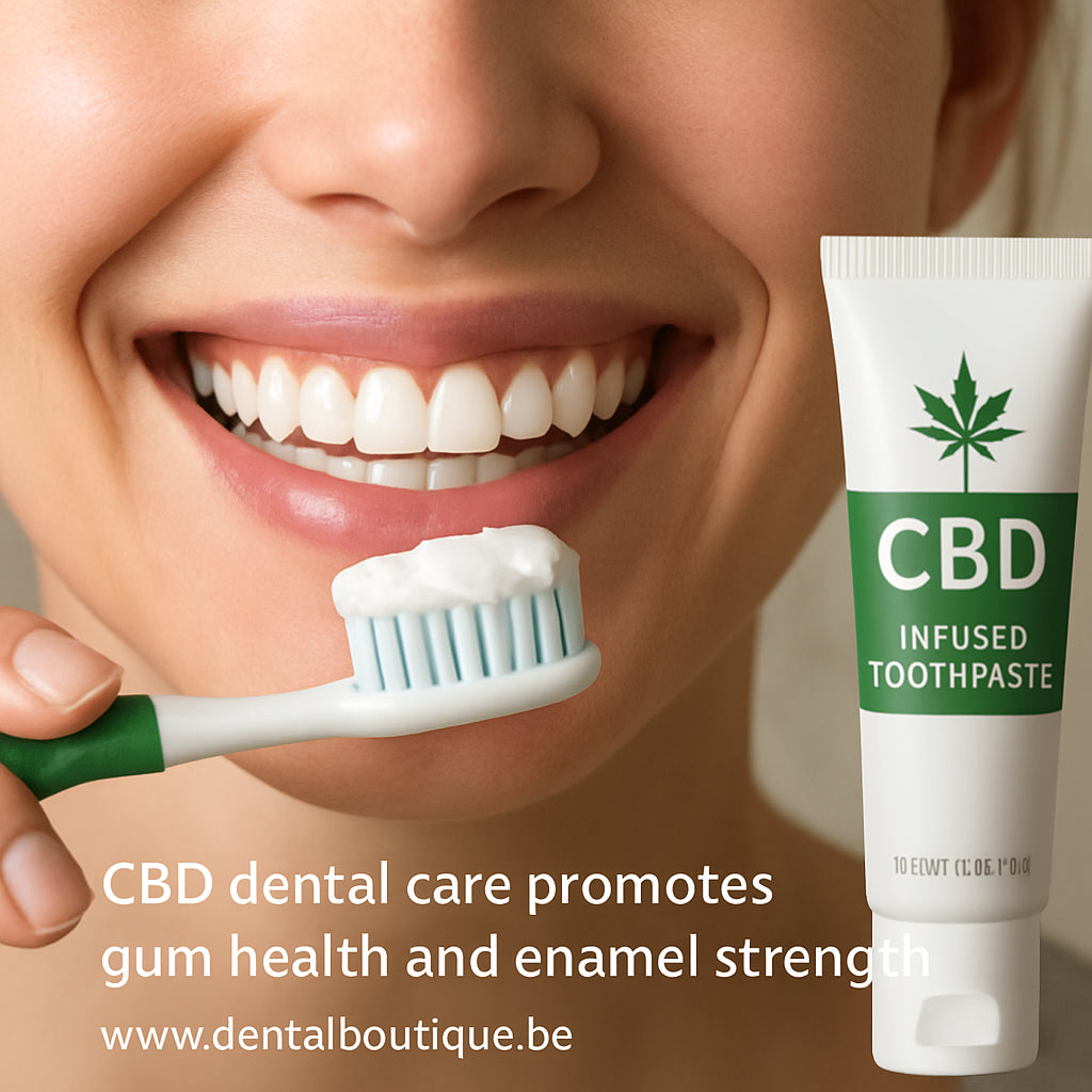 A close‑up of a smiling person brushing their teeth with a CBD‑infused toothpaste, showing healthy pink gums and a sparkling smile. Alt: CBD dental care promotes gum health and enamel strength.