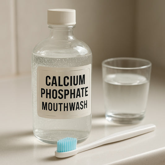 A photorealistic close‑up of a clear glass bottle labeled "Calcium Phosphate Mouthwash" beside a toothbrush and a small cup of water on a white bathroom countertop, soft natural lighting highlighting the liquid’s slight sparkle, realistic style.