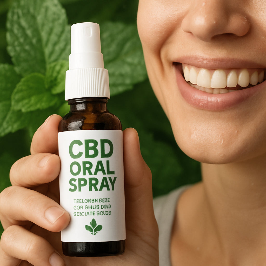 A close‑up of a smiling person holding a CBD oral spray bottle, with visible droplets and a fresh mint background. Alt: CBD oral spray helps maintain saliva production and fresh breath.