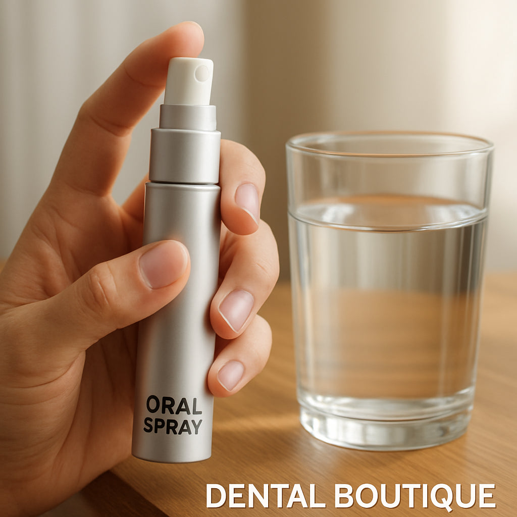 A close‑up of a hand holding a sleek oral spray bottle beside a glass of water on a wooden table, bright natural lighting, Alt: oral spray for bad breath freshening routine