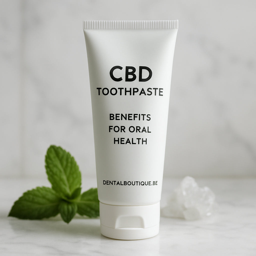 Close‑up of a sleek CBD toothpaste tube on a marble bathroom counter, with a soft mint leaf and a hint of mineral crystals in the background. Alt: CBD toothpaste benefits for oral health