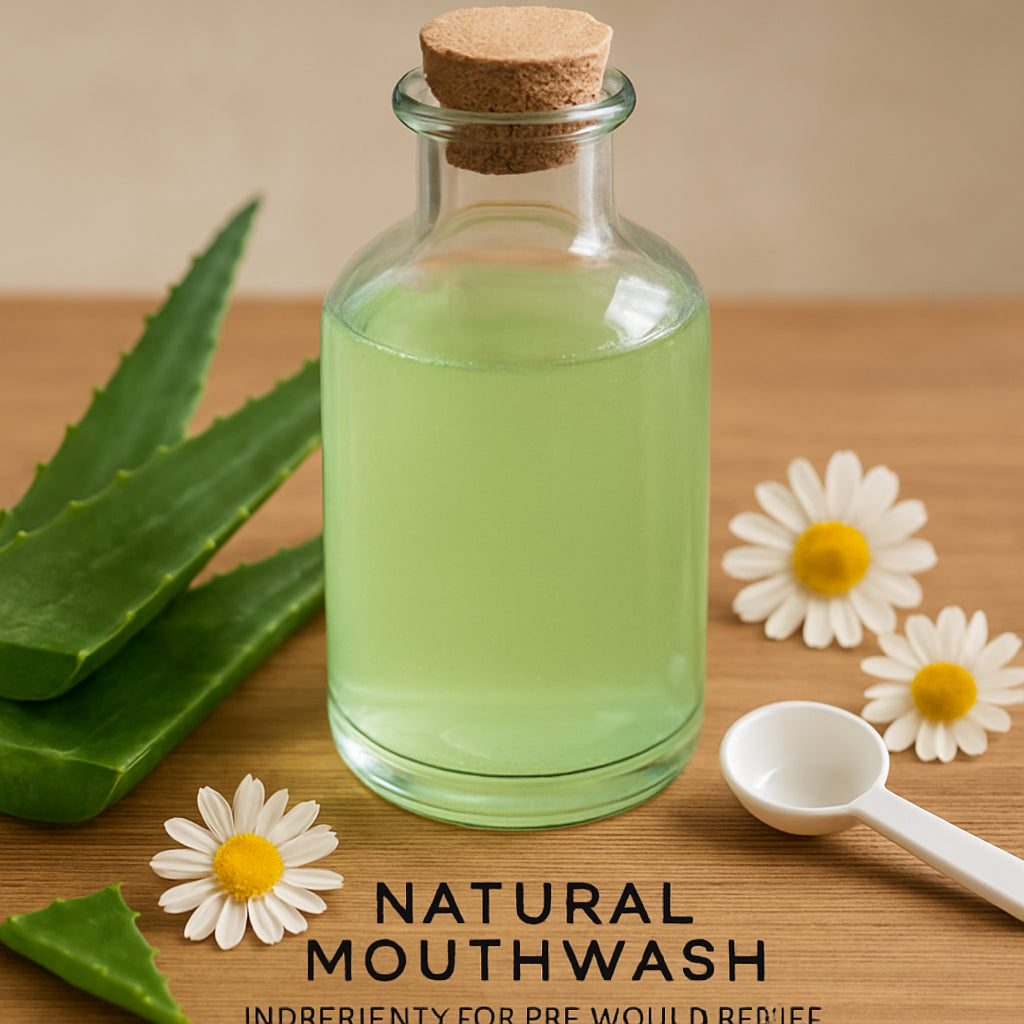 A close‑up of a clear glass bottle filled with a light‑green natural mouthwash, surrounded by fresh aloe leaves, chamomile flowers, and a small measuring spoon. Alt: Natural mouthwash ingredients for dry mouth relief