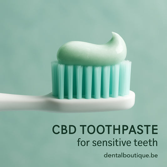 A close‑up of a toothbrush with a dab of CBD toothpaste on the bristles, set against a soft, sea‑foam background. Alt: CBD toothpaste for sensitive teeth showing gentle brushing action.