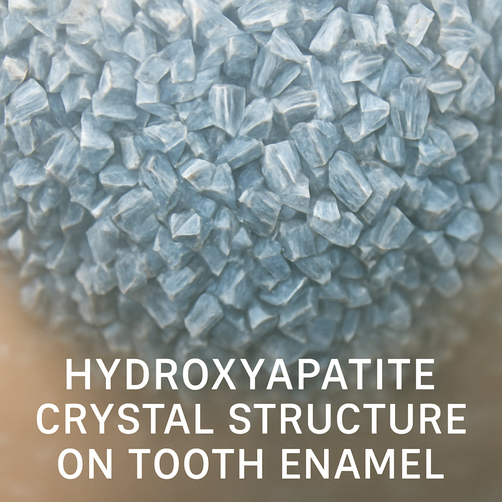 A close‑up of a tooth surface under a microscope, showing the crystalline structure of hydroxyapatite. Alt: Hydroxyapatite crystal structure on tooth enamel