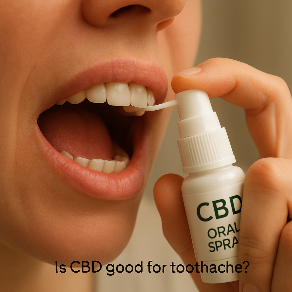 Close-up of a person applying CBD oral spray near a molar, soft bathroom lighting, clinical yet comforting. Alt: Is CBD good for toothache application of oral spray to molar