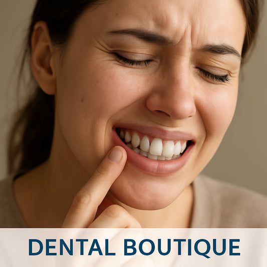 Close-up of a smiling person gently pressing a finger to a sore tooth, showing concern and relief. Alt: Person experiencing dental pain and seeking relief.